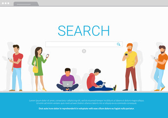 Online search bar concept vector illustration of young people using mobile smarthone and laptop for searching info in web browser. Flat design of guys and women standing into browser webpage frame