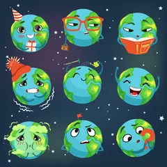 Fotobehang Cute funny world Earth emoji showing different emotions set of colorful characters vector Illustrations © topvectors