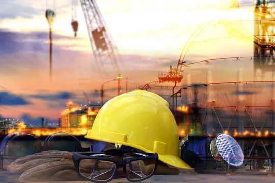 Double exposure of Standard construction safety and construction site background.