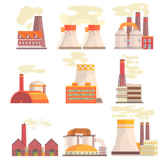 Fototapeta na wymiar Industrial factory buildings set. Modern power plants colorful vector Illustrations
