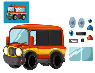 Cartoon happy and funny cartoon fire fireman bus looking and smiling - isolated illustration for children with exercise / cutting out and joining together