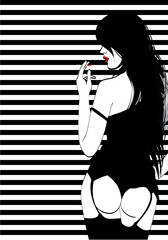 Young brunette girl in lingerie smoking a cigarette. Pop art vector illustration.