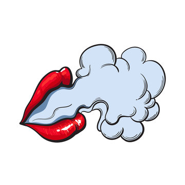 Beautiful female lips with red shiny lipstick emitting smoke cloud, sketch style vector illustration isolated on white background. Hand drawing of smoke coming out of beautiful woman lips