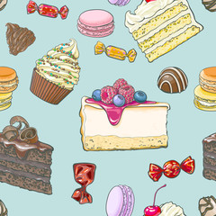 Seamless pattern of hand drawn cakes, candies, macaroons, cupcakes, sketch vector illustration. Seamless pattern, backdrop, background, wrapping paper, textile design with various sweets and desserts