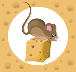 Funny cute mouse character on a cheese slice. Cartoon Vector illustration