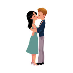 Young couple kissing romantically, hugging each other, cartoon vector illustration isolated on white background. Full length, side view portrait of cartoon style kissing, hugging couple, French kiss