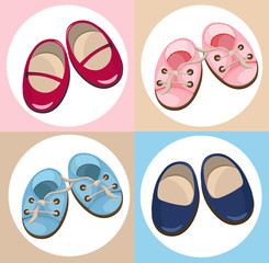 Kids shoes cute set collection Vector. Colorful summer shoewearing