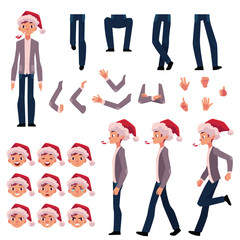 Man in Santa hat, character creation set with different poses, gestures, faces, cartoon vector illustration on white background. Man in Santa hat creation set, constructor, changeable face, legs, arms