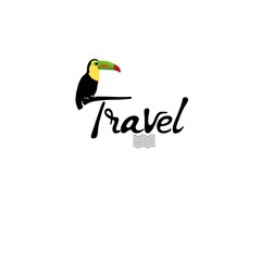 Travel card with toucan. Hand drawn lettering