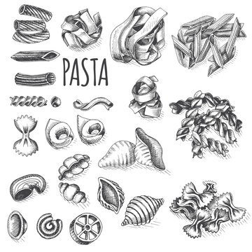 Vector illustration sketch - pasta. Set Italian food.