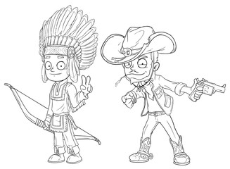 Cartoon indian boy with bow cowboy with gun character vector set