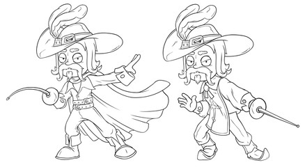 Fototapeta na wymiar Cartoon musketeer in hat with sword character vector set