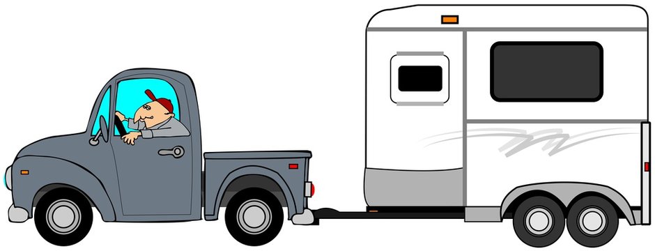 Illustration of a man driving a truck and towing a horse trailer.