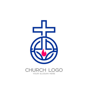Church logo. Christian symbols. The cross of Jesus and the flame