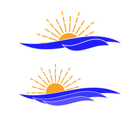 Vector ocean waves and sun icon. Template for logo of tour company, rest area, etc. Isolated on white.