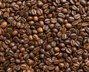 Roasted coffee beans on dark background. Selective focus.