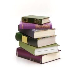 Stack of books on white background