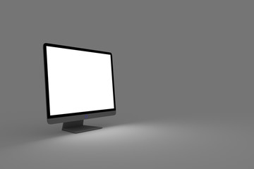 3d render, 3d illustration, lcd monitor with blank display. Three quarters view.. gray background