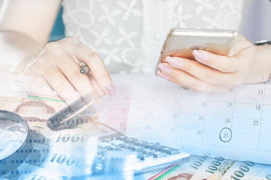 double exposure business and technology background, businesswoman hand holding smart phone, money and calendar  