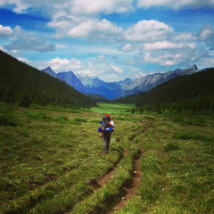 Fototapeta na wymiar A lone hiker walking towards the mountains in Banff National Park