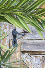 Vintage door handle on old weathered door.