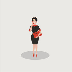 A cute sexy female-accountant in a black dress with a red folder labeled 