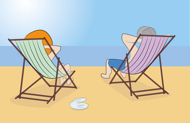 A man and a woman are sitting in loungers by the sea. Hand drawn cartoon vector illustration for design and infographic.