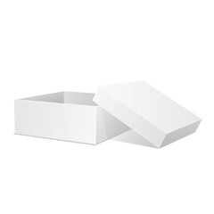 White box. Square box vector illustration. Open present. Cardboard packaging in side view with cap. Realistic 3d isometric template, package and container. Vector isolated mockup. 