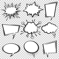 Deurstickers Komische toespraak bubble set. Lege cartoon zwart-wit wolk popart expressie toespraak dozen. Strips boek vector achtergrond sjabloon met halftoonpunten. © cheremuha
