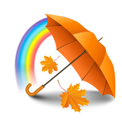 Orange realistic umbrella with falling yellow leaves and rainbow isolated on white background. Vector illustration.