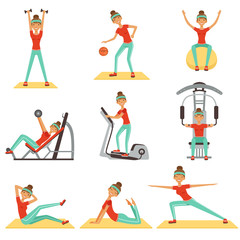 Fototapeta na wymiar Fitness woman exercising in the gym with sports equipment set of colorful vector Illustrations