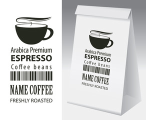 Paper packaging with label for coffee bean. Vector label for coffee with cup, bar code and text and paper 3d package with this label.