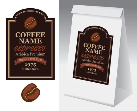 Fototapeta Paper packaging with label for coffee bean. Vector label for coffee in curly frame with coffee bean and inscription on black background and paper 3d package with this label.