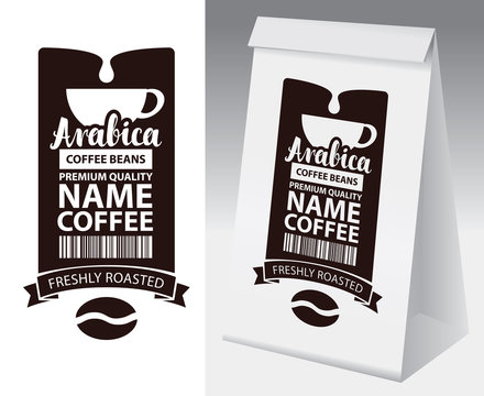 Fototapeta Paper packaging with label for coffee bean. Vector label for coffee with cup, bar code, coffee bean and inscription and paper 3d package with this label.