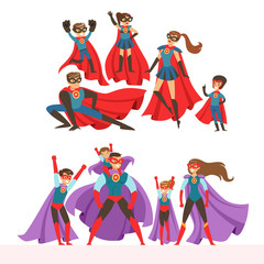 Family of superheroes set. Smiling parents and their children dressed in superheroes costumes colorful vector illustrations