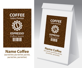 Paper packaging with label for coffee bean. Vector label for coffee with coffee bean, bar code and text on the background of coffee beans and paper 3d package with this label.