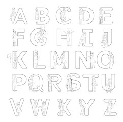 Cartoon icons set of sketch little people with letters. Doodle cute workers with alphabet. Hand drawn vector illustration for education design.
