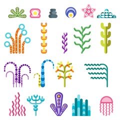 Obraz premium Set of bright colored water underwater tropical plants. Coral reef under the sea. Flat vector cartoon illustration. Objects isolated on a white background.