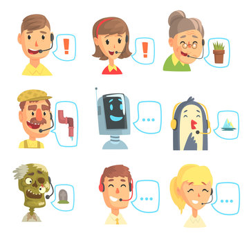 Set of funny call centre operators with headset, customer support service colorful vector illustrations