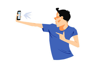 Graphic illustration of young man taking confident selfie with smart phone