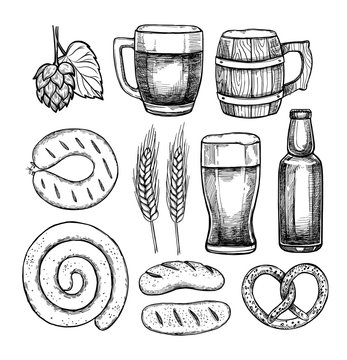 Hand drawn vector illustration - Octoberfest / beer fest (malt, hop, beer glass, bottle, Bavarian sausages, Pretzel). Design elements in engraving style. Perfect for invitations, greeting cards
