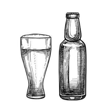 Hand drawn vector illustration - beer glass and bottle. Octoberfest or beer fest. Design elements in engraving style. Perfect for invitations, greeting cards, posters, prints