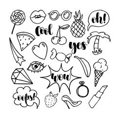 Black and white hand drawn fun set of fashion stickers, icons, emoji, pins or patches in cartoon 80s-90s style. With handwritten calligraphy phrases.