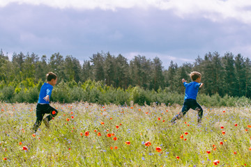 Happy children running on beautiful meadow field.