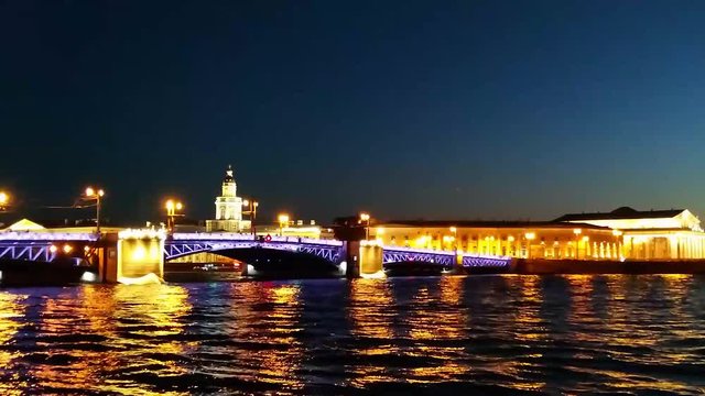 Timelapse of Palace Bridge (Dvortsoviy Most) at summer night, Saint Petersburg, Russia