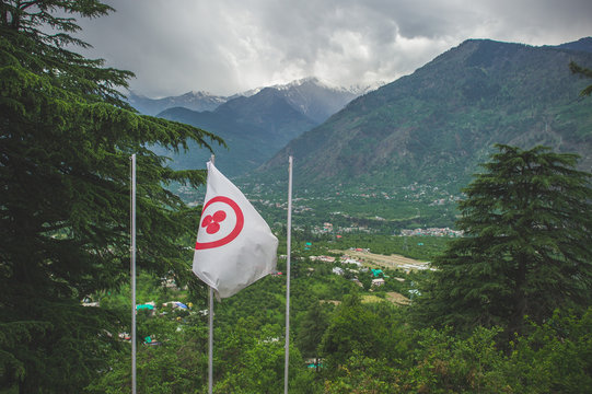 View From The House Of Nicholas Roerich: The Flag Of The World Against The Backdrop Of The Kullu Valley And The Himalayan Mountains