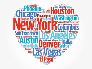 List of cities and towns in USA composed in love sign heart shape, word cloud collage, business and travel concept background