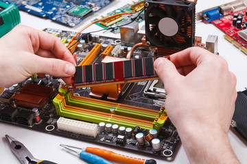Technician upgrade of computer close up