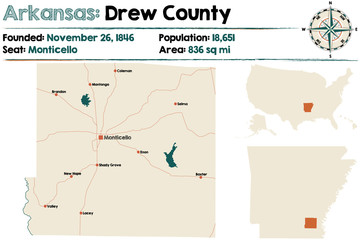 Large and detailed map of Drew County in Arkansas