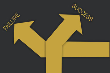 Words of success and failure with yellow arrow on grey background, business concept and decision making idea